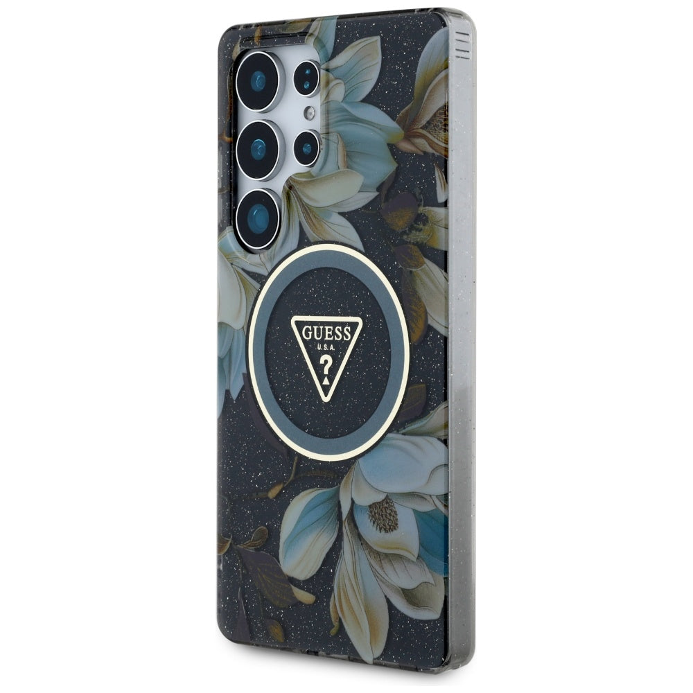 Guess Samsung Galaxy S25 Ultra - Glitter Flowers Triangle Buttons MagSafe - Σκληρή Θήκη με Πλαίσιο Σιλικόνης - Black - GUHMS25LHFLPEDK
