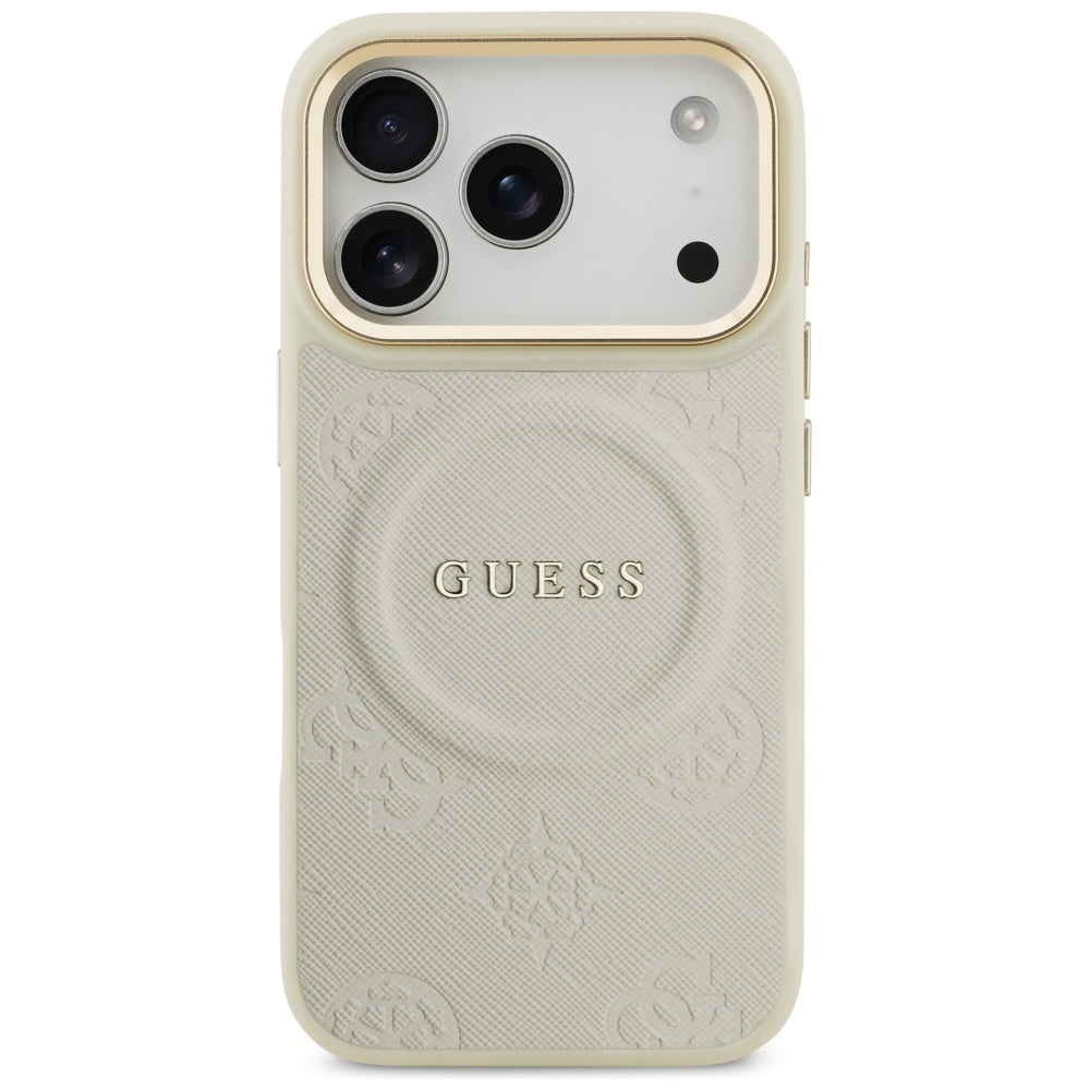Guess iPhone 17 Pro - Peony Hot Stamp MagSafe - Σκληρή Θήκη με Επένδυση Συνθετικού Δέρματος - Beige - GUHMP17LPSAMSECE