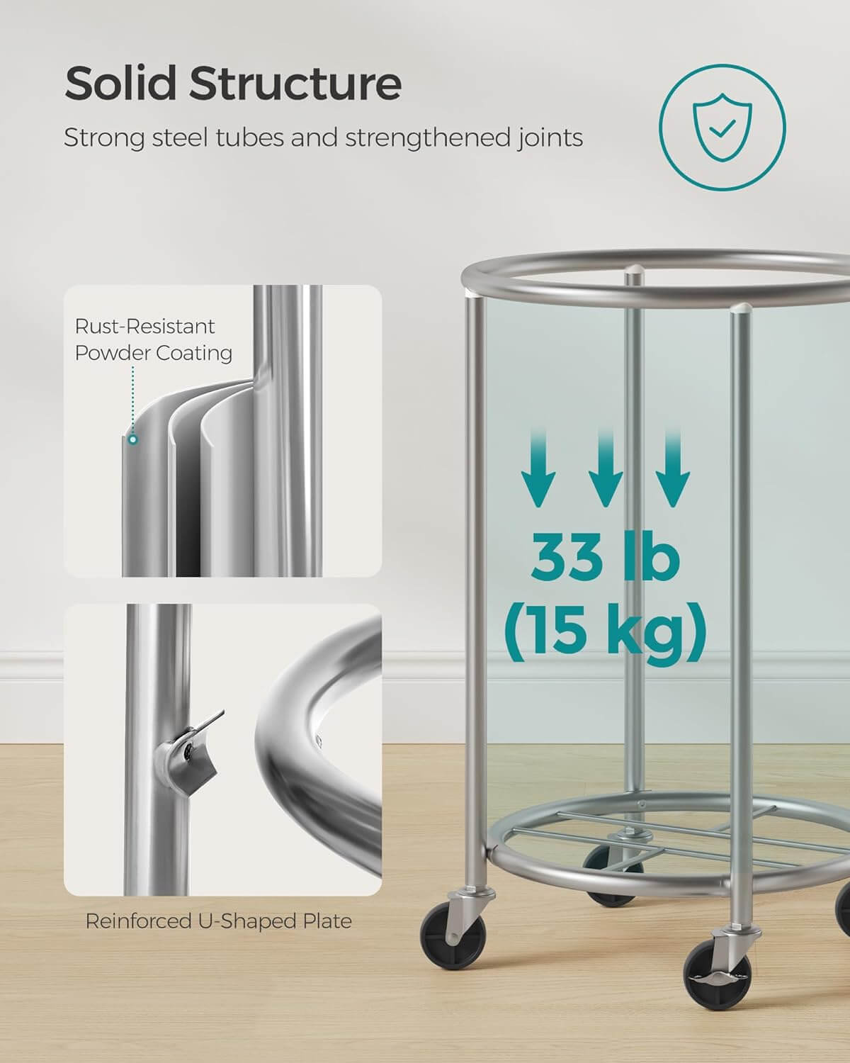 Songmics Τροχήλατο Καλάθι Απλύτων με Ατσάλινο Σκελετό και Αποσπώμενη Θήκη Ρούχων - 70L - Cream White / Silver - RLS006W01