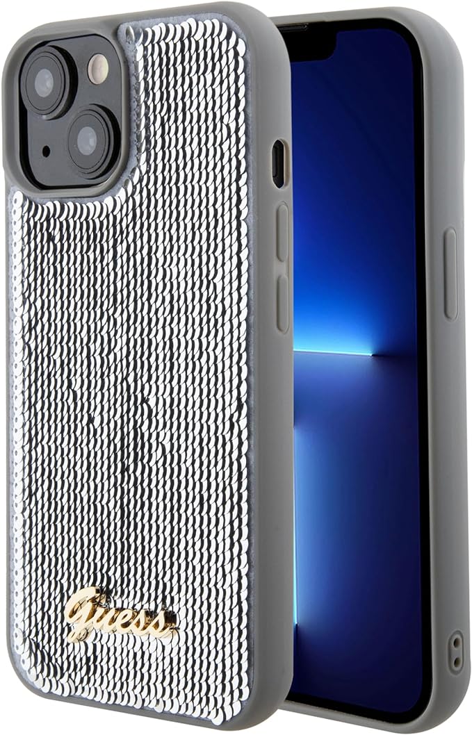 Guess iPhone 15 - Sequin Script Metal Σκληρή Θήκη με Επένδυση από Παγέτες - Silver - GUHCP15SPSFDGSS