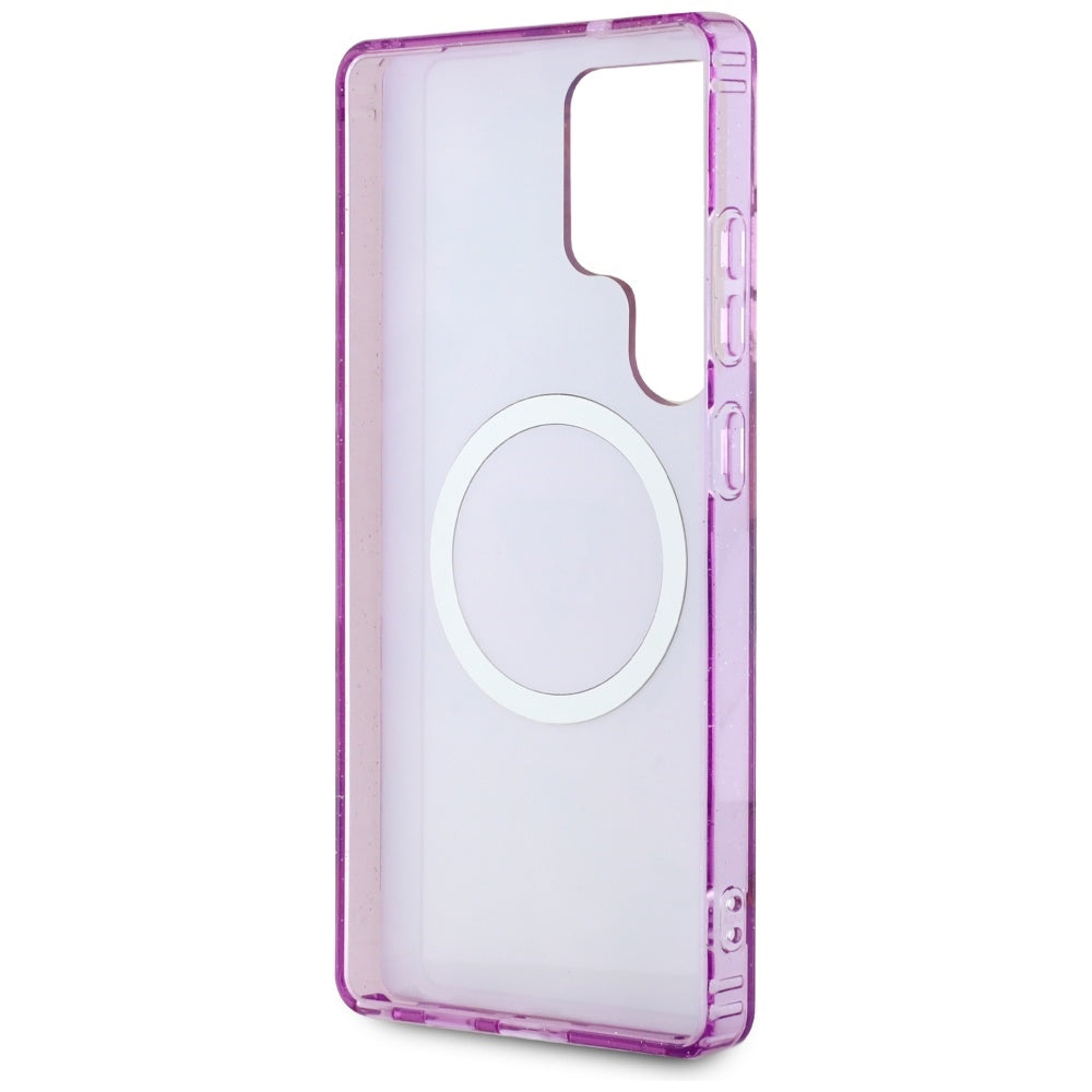 Guess Samsung Galaxy S25 Ultra - Glitter Flowers Triangle Buttons MagSafe - Σκληρή Θήκη με Πλαίσιο Σιλικόνης - Purple - GUHMS25LHFLPEDU