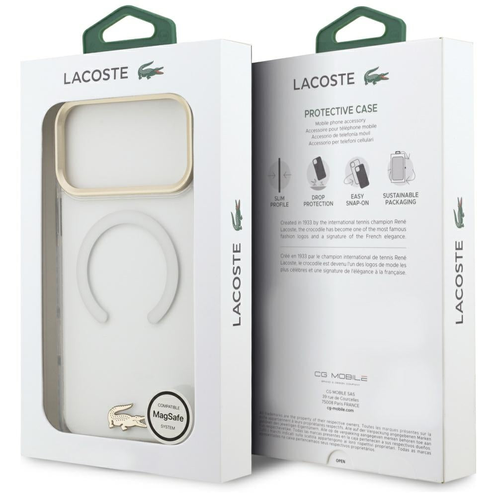 Lacoste iPhone 17 Pro Max - Shockproof Transparent Frosted Gold Logo MagSafe - Σκληρή Θήκη με Πλαίσιο Σιλικόνης - White