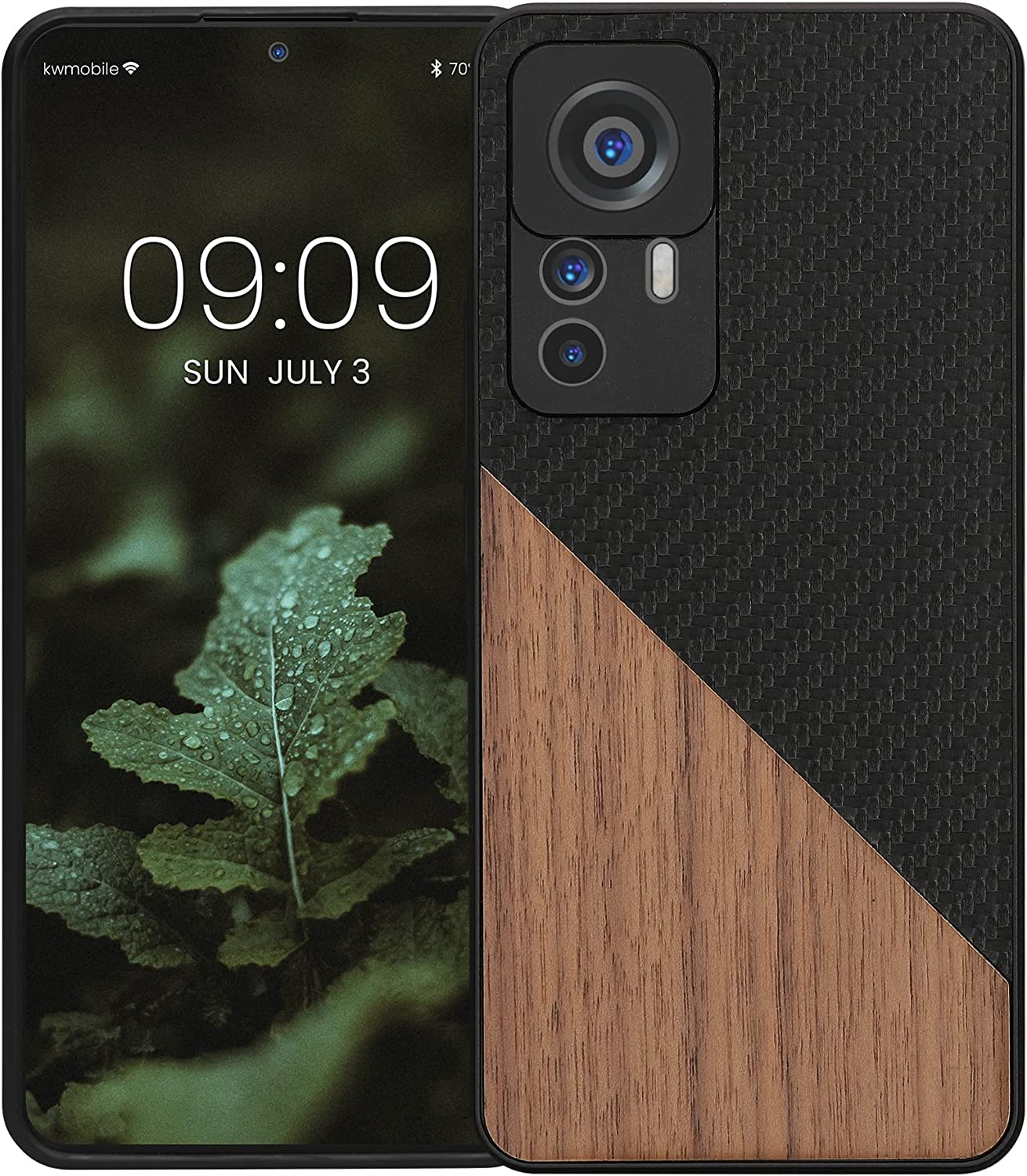 KW Xiaomi 12T / 12T Pro Θήκη από Φυσικό Ξύλο και Συνθετικό Δέρμα - Anthracite / Dark Brown - 60211.02