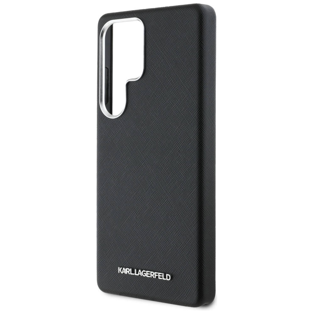 Karl Lagerfeld Samsung Galaxy S25 Ultra - Saffiano Full Wrapped Elongated Metal Logo - MagSafe Σκληρή Θήκη με Επένδυση Συνθετικού Δέρματος και Πλαίσιο Σιλικόνης - Black - KLHMS25LPSAFWMCK
