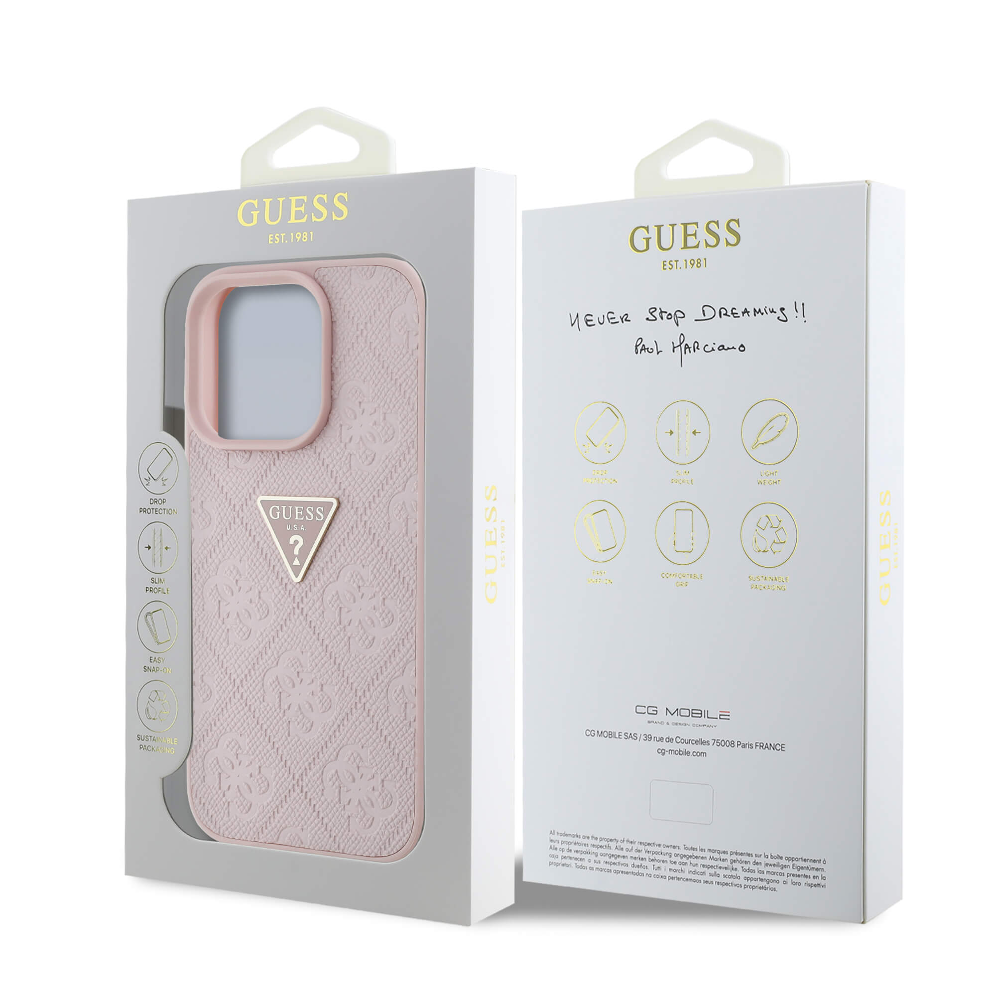 Guess iPhone 16 Pro - Hot Stamp 4G Pattern Triangle Metal Logo - Θήκη με Επένδυση Συνθετικού Δέρματος και Πλαίσιο Σιλικόνης - Pink - GUHCP16LPGP4STRP