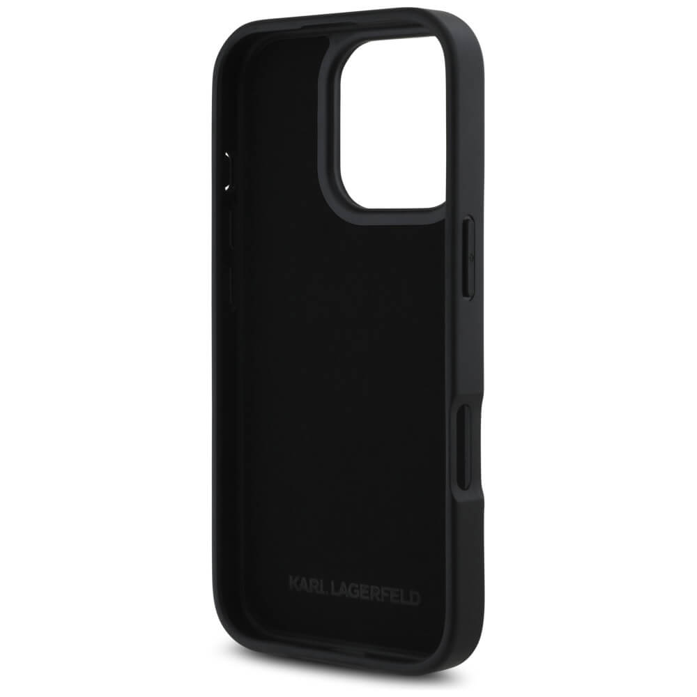 Karl Lagerfeld iPhone 16 Pro - HC Grained PU Cardslot Metal Signature - Σκληρή Θήκη με Επένδυση Συνθετικού Δέρματος και Υποδοχή για Κάρτες - Black - KLHCP16LPGPVKSK