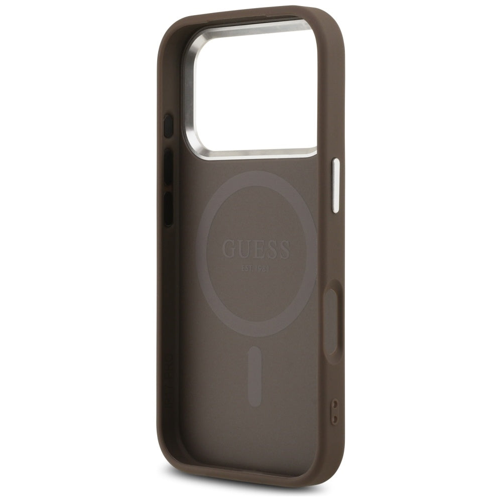 Guess iPhone 17 Pro - 4G Triangle Logo MagSafe - Σκληρή Θήκη με Πλαίσιο Σιλικόνης και Επένδυση Συνθετικού Δέρματος - Brown / Silver - GUHMP17LP4TSRCMW