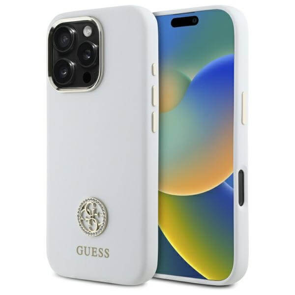 Guess iPhone 16 Pro Max - Silicone Logo Strass 4G - Σκληρή Θήκη με Πλαίσιο Σιλικόνης - White - GUHCP16XM4DGPH