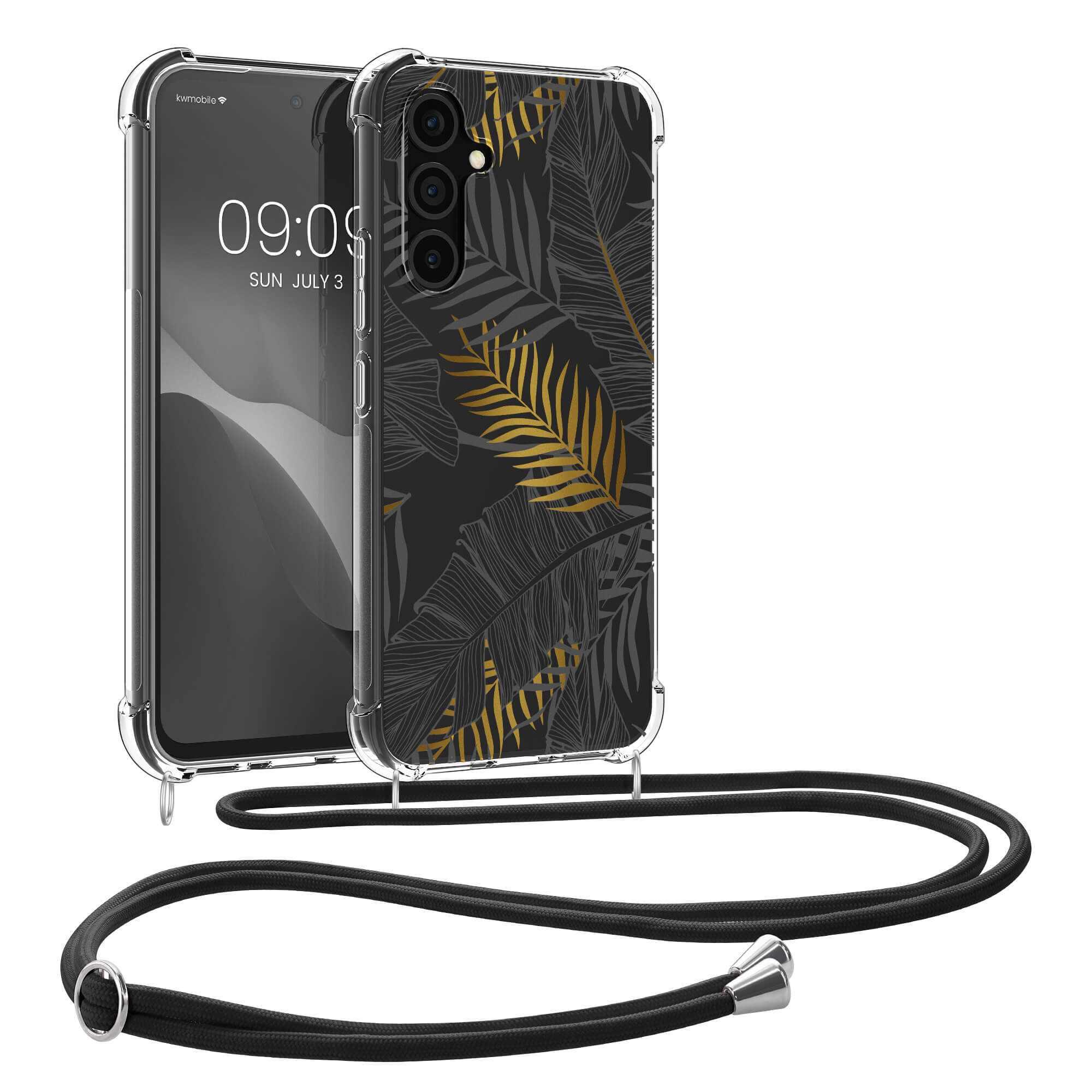 KW Samsung Galaxy A54 5G Θήκη Σιλικόνης TPU με Λουράκι Design Palm Leaves - Διάφανη / Yellow / Grey - 61334.03