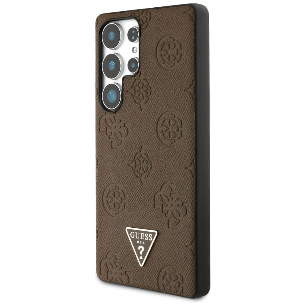 Guess Samsung Galaxy S25 Ultra - Grained Hot Stamp Peony Pattern Triangle Logo - MagSafe Σκληρή Θήκη με Πλαίσιο Σιλικόνης και Συνθετικό Δέρμα - Brown - GUHMS25LPGBTMW