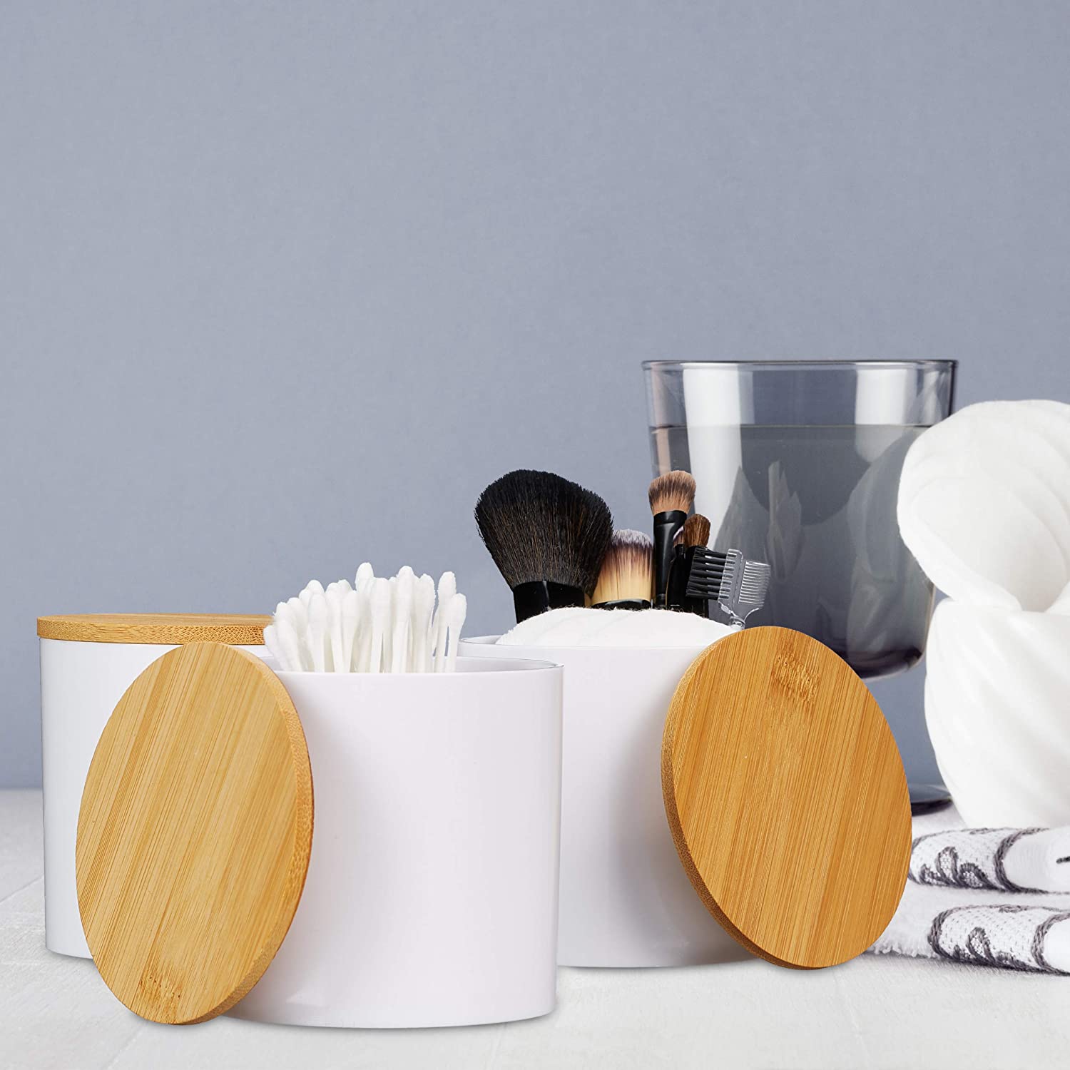 Relaxdays Σετ με 3 Κουτιά Αποθήκευσης Αξεσουάρ Μπάνιου με Καπάκι από Μπαμπού - Natural / White - 4052025906030