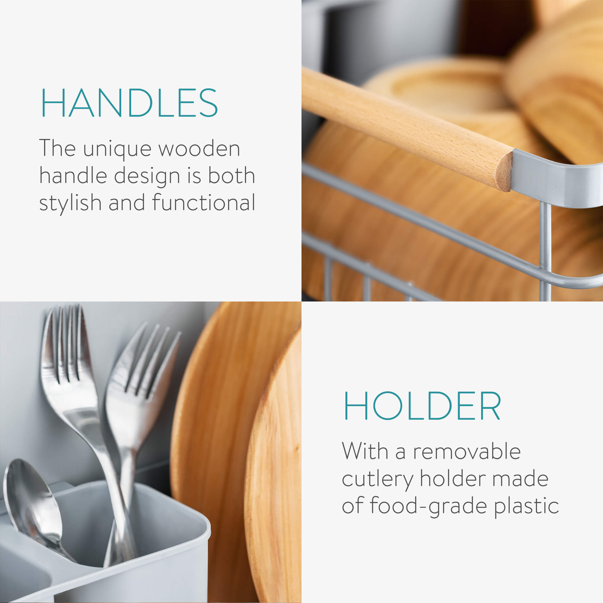 Navaris Σιδερένιο Στεγνωτήριο Πιάτων - Μαχαιροπίρουνων με Ξύλινες Λαβές και Πλαστικό Δίσκο - Grey - 52545.03