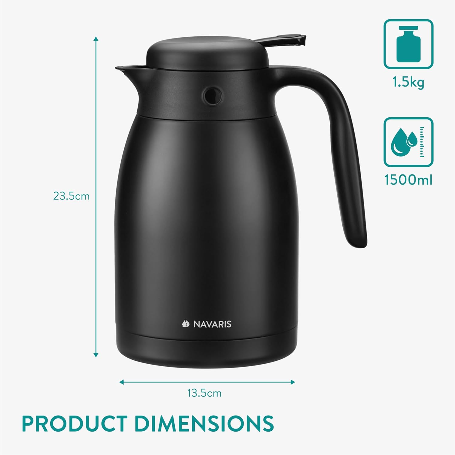 Navaris Κανάτα Θερμός από Ανοξείδωτο Ατσάλι - 1.5 L - Matte Black - 51053.02