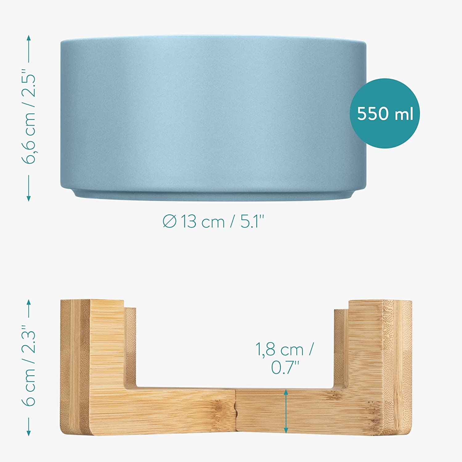 Navaris Σετ με 2 Κεραμικά Μπολ Φαγητού και Νερού 550ml με Βάση από Μπαμπού για Κατοικίδια - Blue - Yellow - 55428.1.06