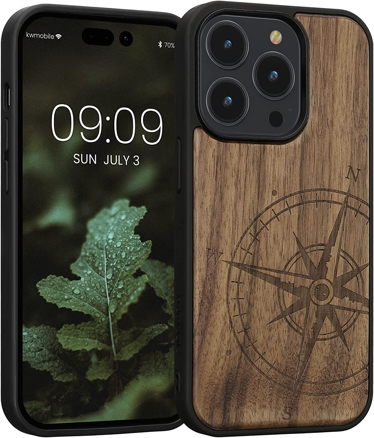 KW iPhone 14 Pro Θήκη από Φυσικό Ξύλο Design Navigational Compass - Dark Brown - 59126.01