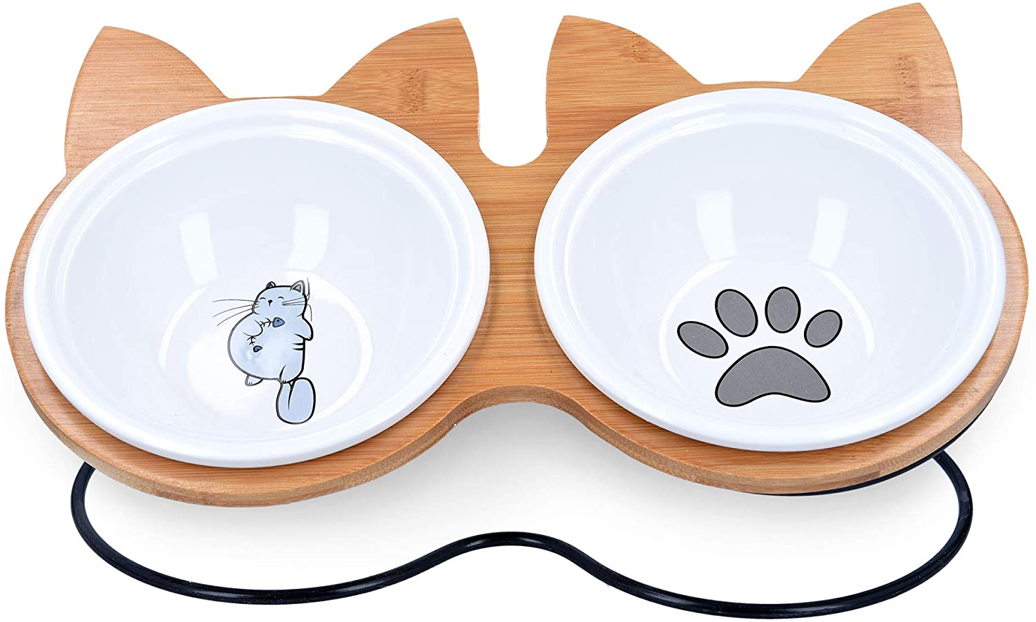Navaris Ceramic Cat Bowls with Wood Stands - Σετ με 2 Μπολ Φαγητού και Νερού 383ml με Βάση από Μπαμπού και Μέταλλο για Κατοικίδια - Brown - 51991.01