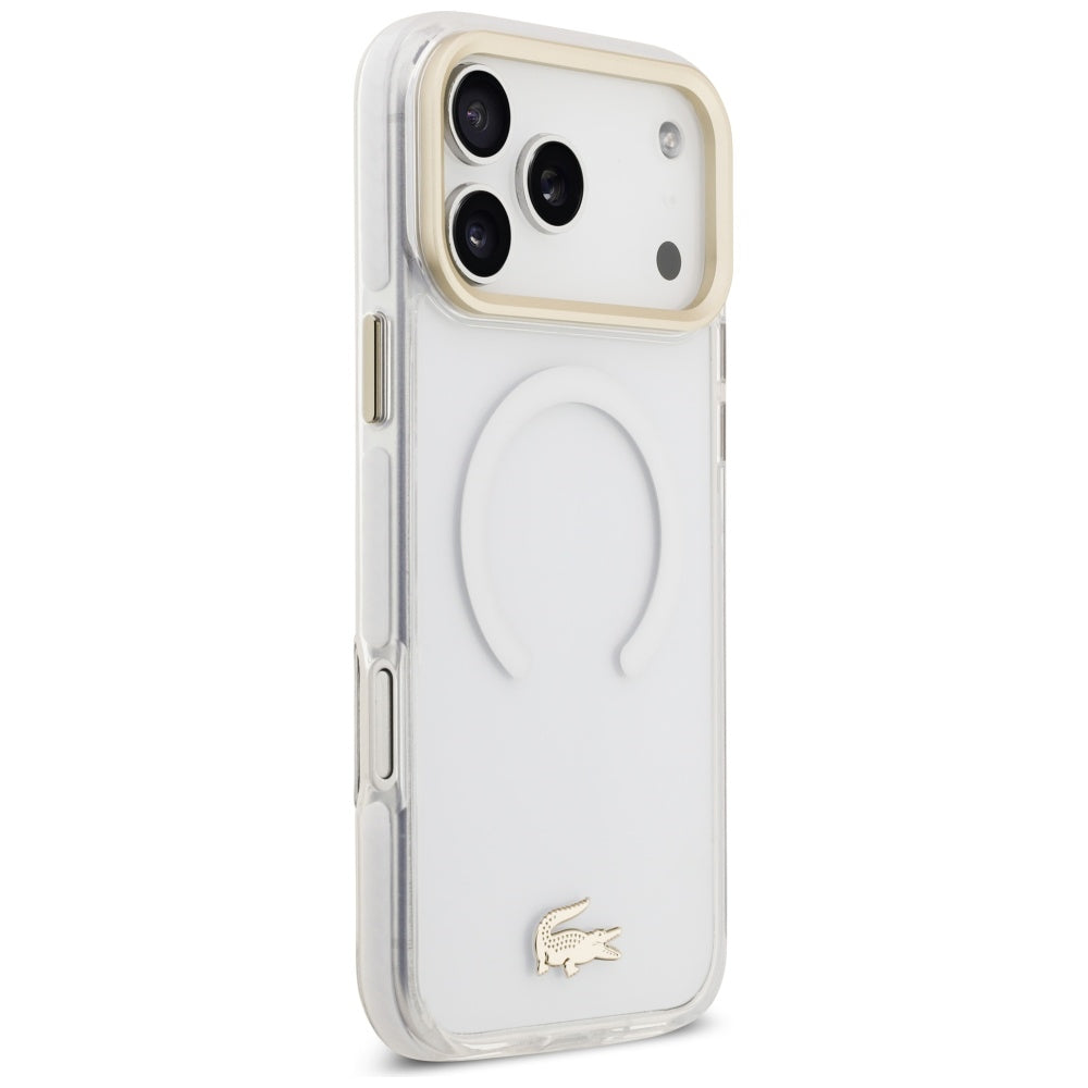 Lacoste iPhone 17 Pro Max - Shockproof Transparent Frosted Gold Logo MagSafe - Σκληρή Θήκη με Πλαίσιο Σιλικόνης - White