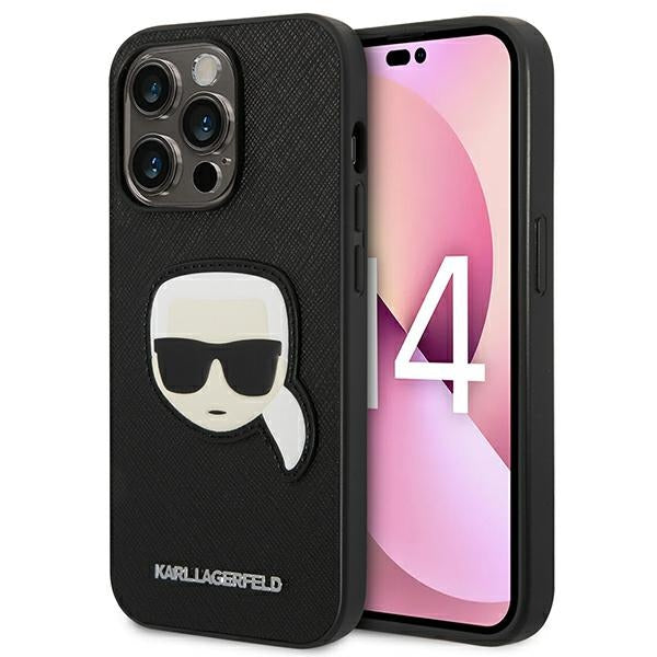 Karl Lagerfeld iPhone 14 Pro Max - Saffiano Karl's Head Patch Σκληρή Θήκη με Επένδυση Συνθετικού Δέρματος και Πλαίσιο Σιλικόνης - Black - KLHCP14XSAPKHK