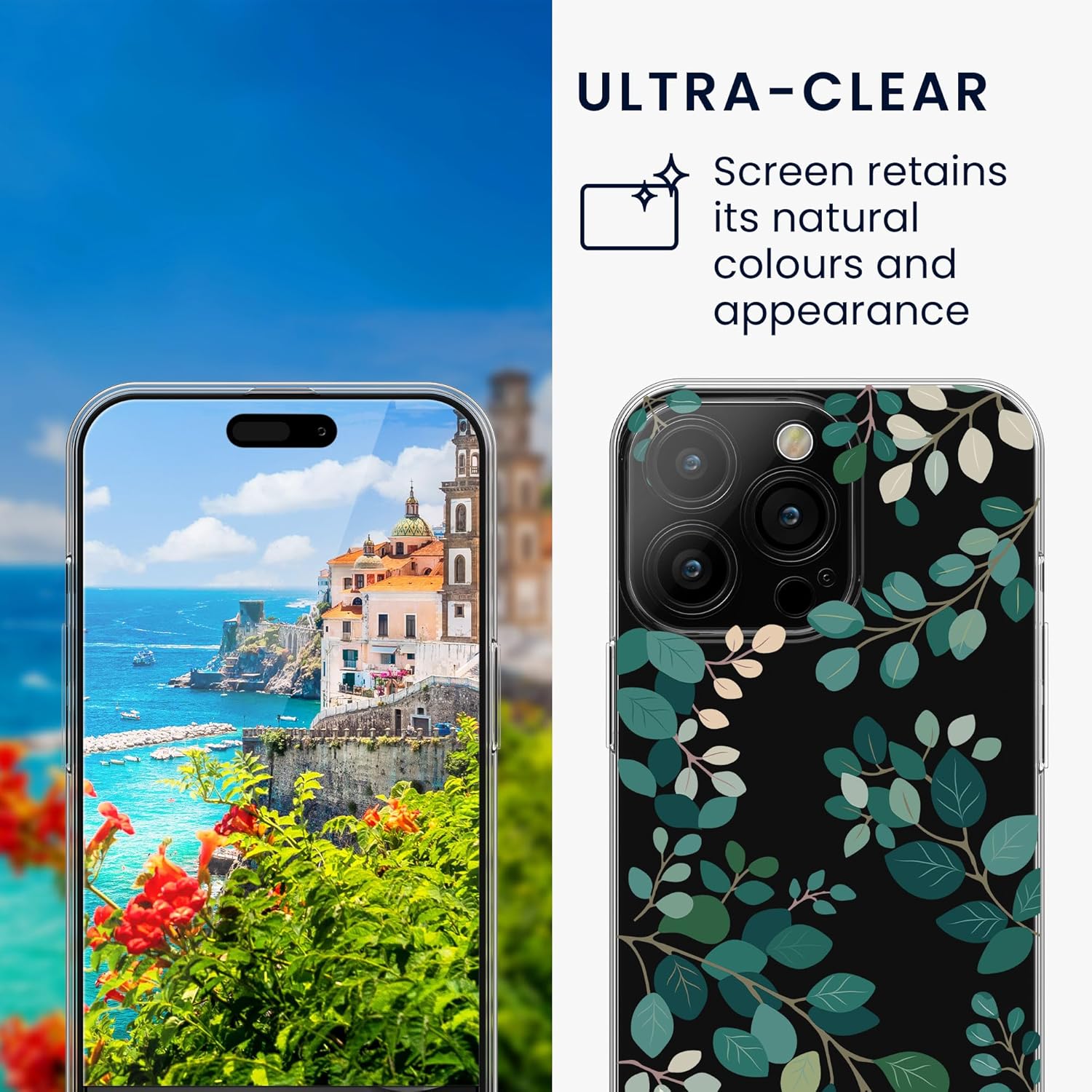 KW iPhone 15 Pro Θήκη Σιλικόνης TPU με Αντιχαρακτικό Γυαλί - Design Spring Leaves - Green / Διάφανη