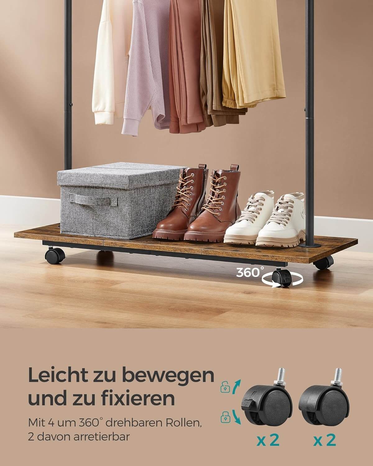 Songmics Τροχήλατη Κρεμάστρα Δαπέδου με 2 Ράγες - Ράγα Ρούχων - 35 x 98.5 x 180.3 cm - Vintage Brown / Ink Black - HSR153B01