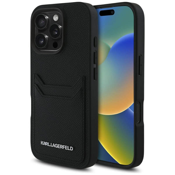 Karl Lagerfeld iPhone 16 Pro Max - HC Grained PU Cardslot Metal Elong - Σκληρή Θήκη με Επένδυση Συνθετικού Δέρματος και Υποδοχή για Κάρτες - Black - KLHCP16XPKHPORPK