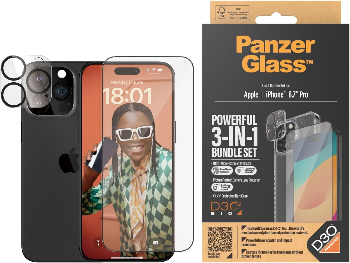 PanzerGlass iPhone 15 Pro Max - Σετ με 1 Αντιχαρακτικό Γυαλί Οθόνης Ultra-Wide Fit, 1 Αντιχαρακτικό Γυαλί για την Κάμερα και 1 Σκληρή Θήκη - Διάφανο