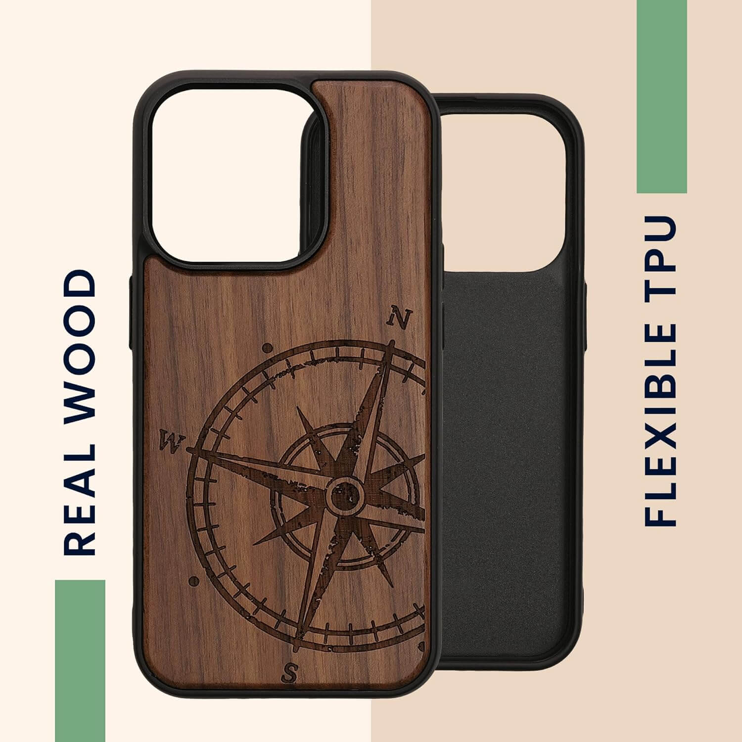 KW iPhone 15 Pro Θήκη από Φυσικό Ξύλο - Design Vintage Compass - Dark Brown - 62013.01