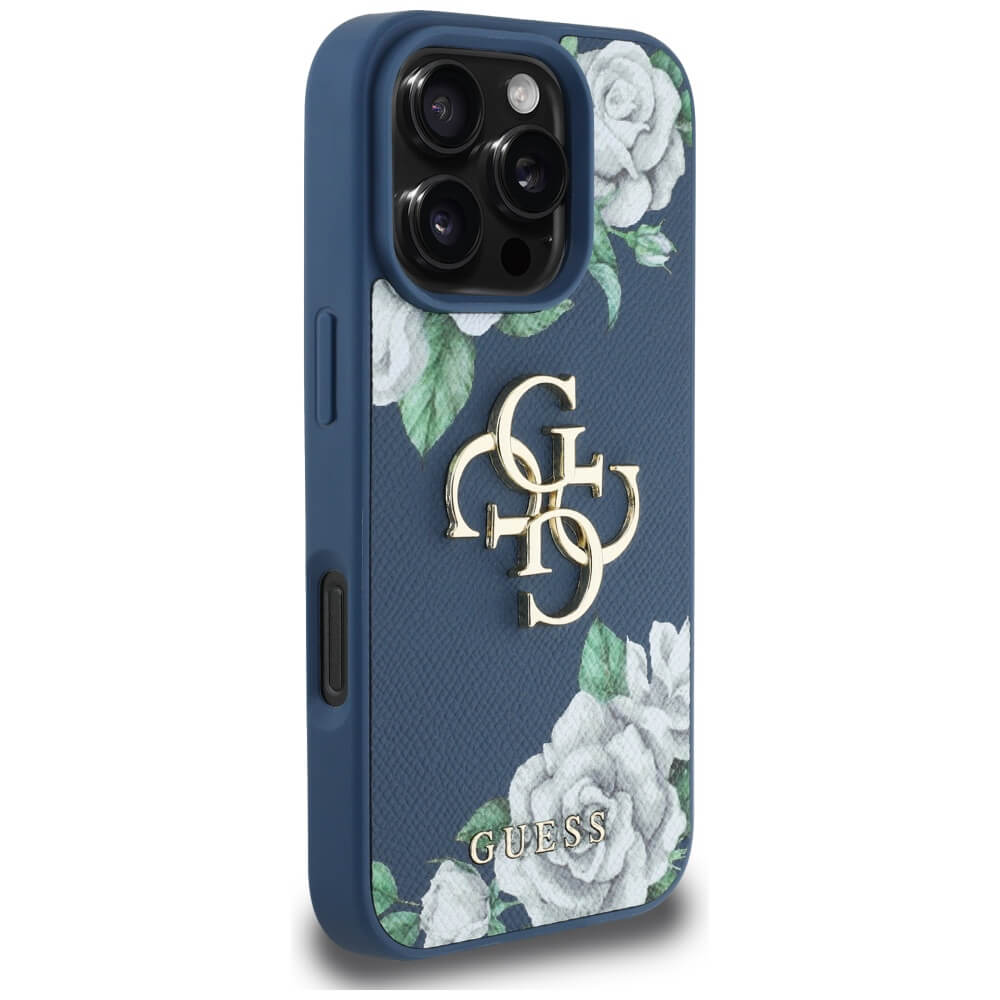 Guess iPhone 16 Pro Max - Grained Roses Big 4G Logo - Σκληρή Θήκη με Επένδυση από Οικολογικό Δέρμα - Blue - GUHCP16XPGROP4MB