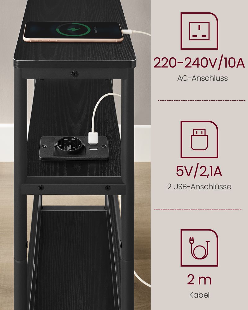 Vasagle Στενό Βοηθητικό Τραπεζάκι με Ενσωματωμένο Πολύπριζο με 1 Θύρα AC και 2 Θύρες USB - Ebony Black / Ink Black - LET335B02