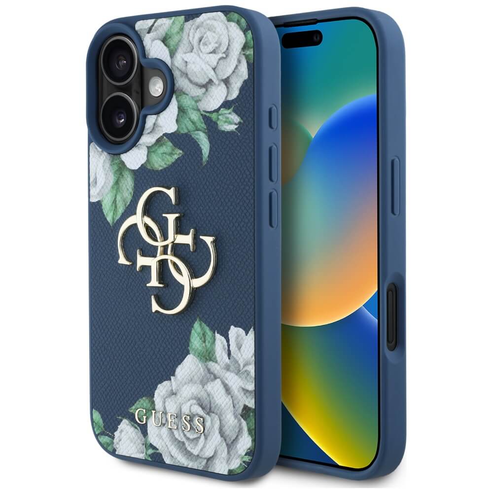 Guess iPhone 16 - Grained Roses Big 4G Logo - Σκληρή Θήκη με Επένδυση από Οικολογικό Δέρμα - Blue - GUHCP16SPGROP4MB