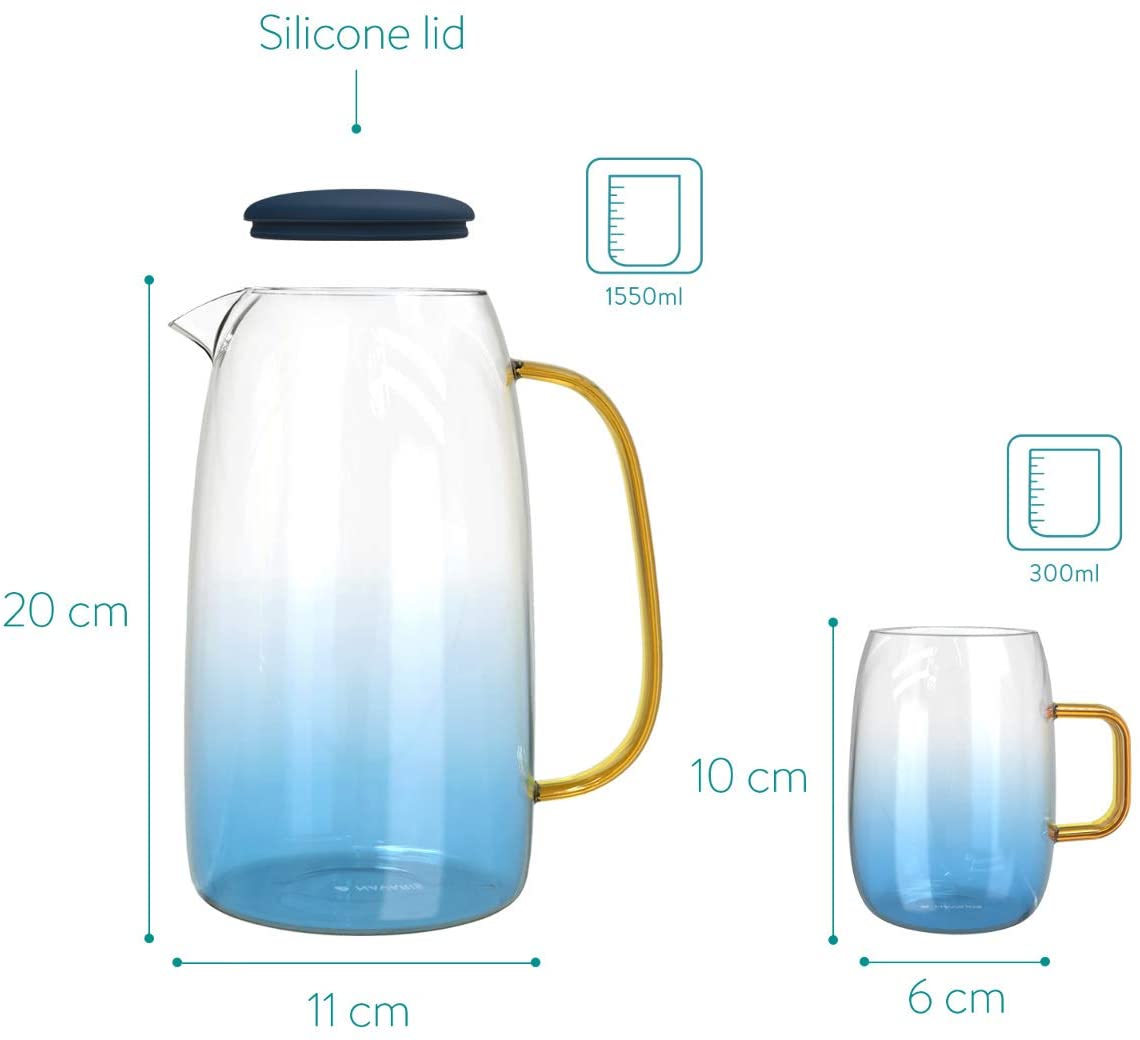 Navaris Glass Water Carafe with Silicone Lid and 4 Glasses Γυάλινη Κανάτα Νερού με Καπάκι Σιλικόνης και 4 Ποτήρια - 1,55L - Blue / Διάφανη - 51066.04.05
