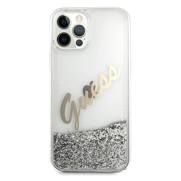 Guess iPhone 12 Pro Max - Glitter Vintage Script Σκληρή Θήκη με Πλαίσιο Σιλικόνης - Silver - GUHCP12LGLVSSI