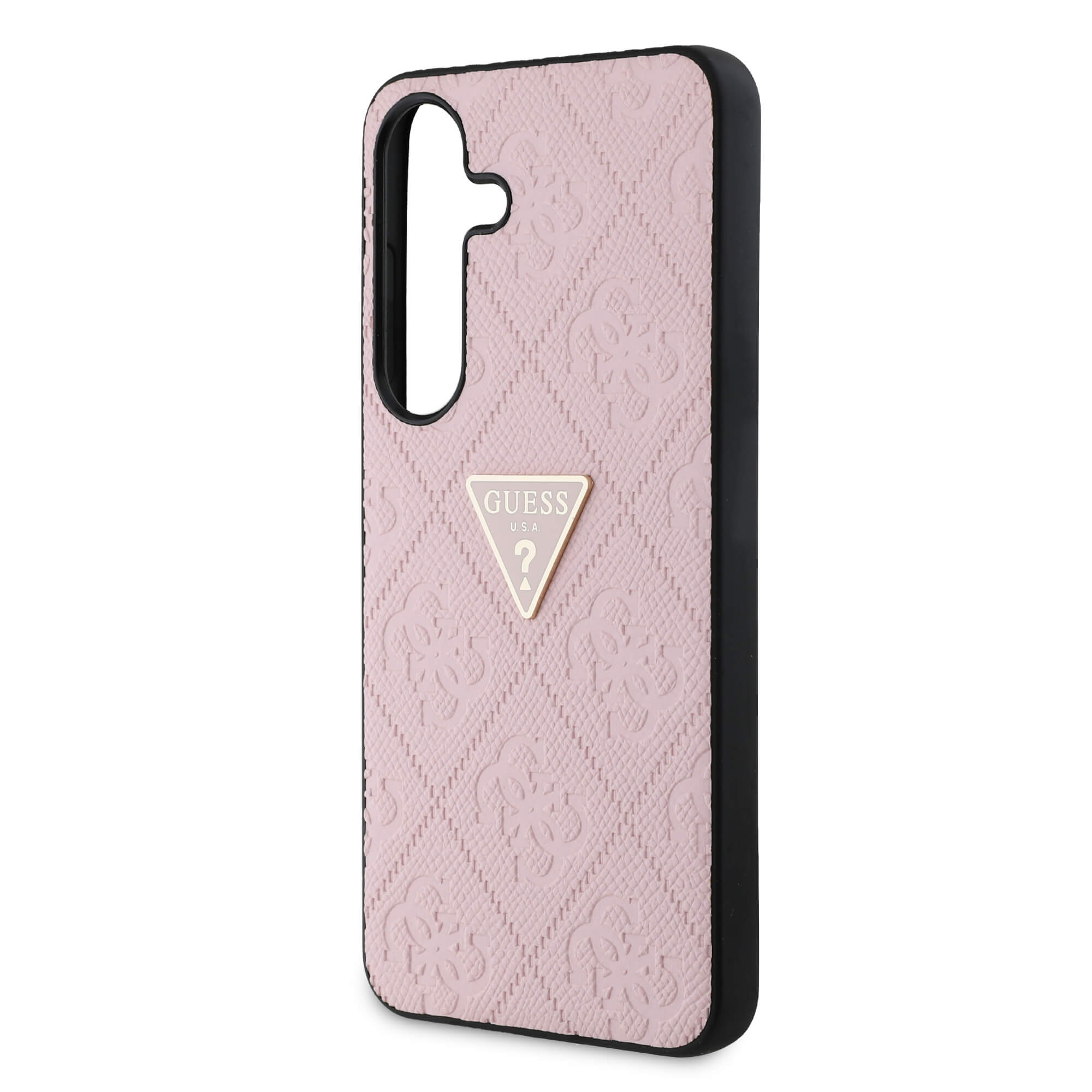 Guess Samsung Galaxy S25 - Hot Stamp 4G Pattern Triangle Metal Logo - Θήκη με Επένδυση Συνθετικού Δέρματος και Πλαίσιο Σιλικόνης - Pink - GUHCS25SPGP4STRP