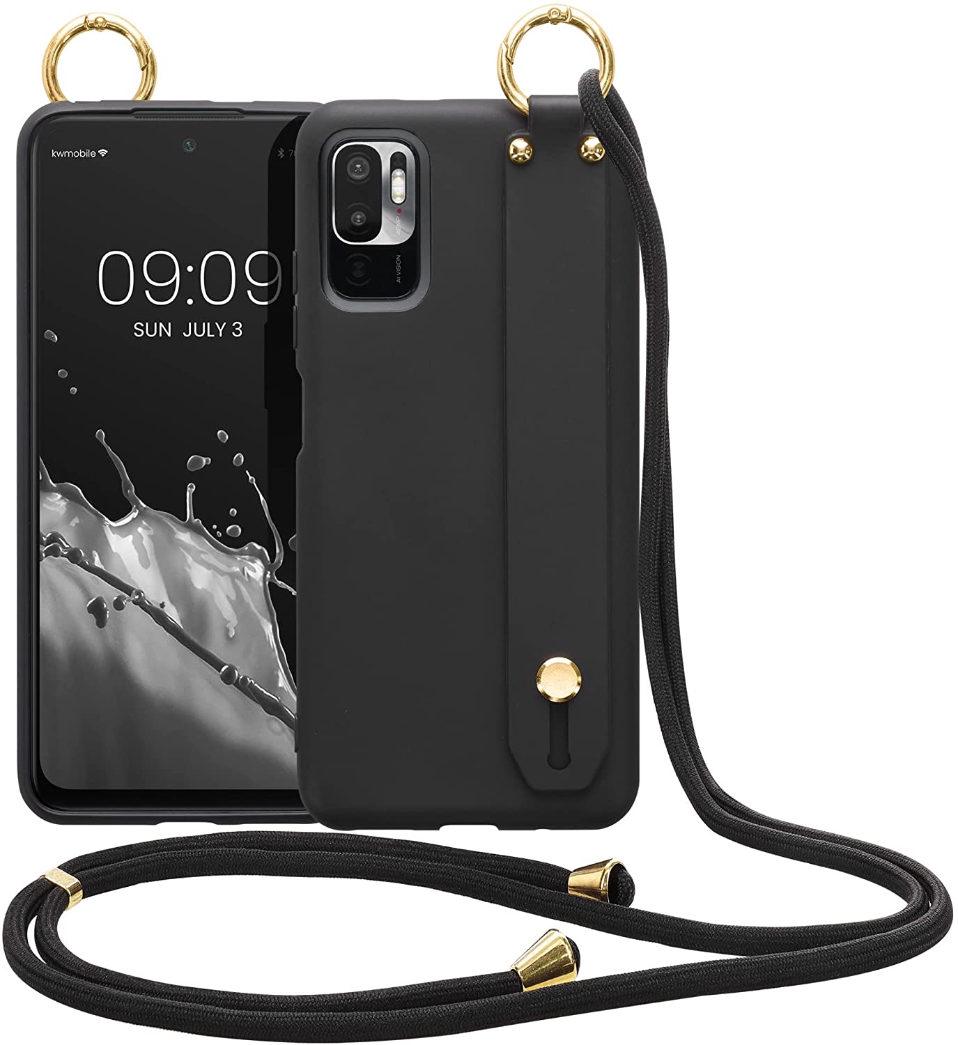 KW Xiaomi Redmi Note 10 5G / Poco M3 Pro 5G Θήκη Σιλικόνης TPU με Λουράκι και Finger Holder - Black - 57820.01