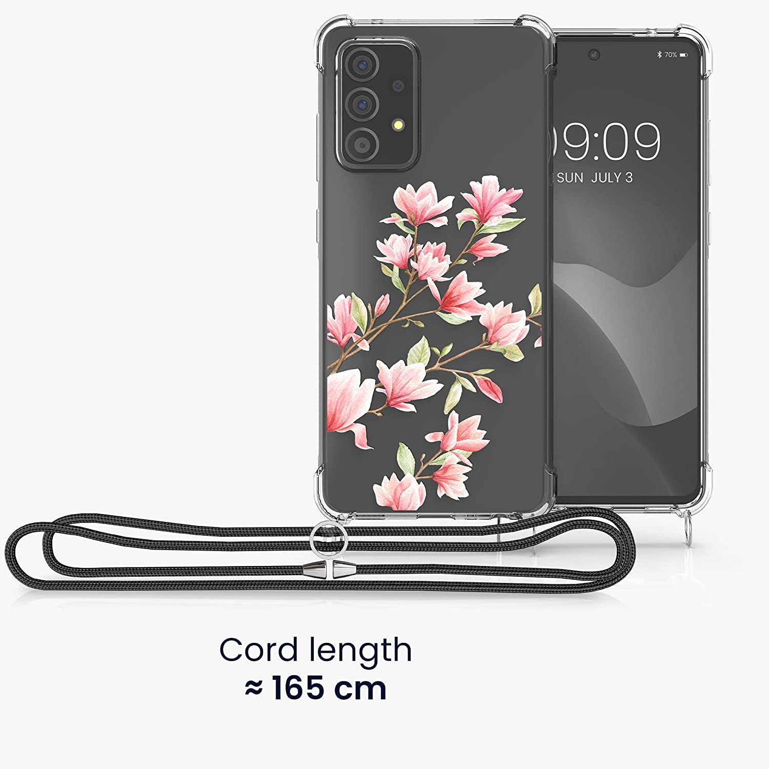 KW Samsung Galaxy A52 / A52 5G / A52s 5G Θήκη Σιλικόνης TPU με Λουράκι Design Magnolias - Διάφανη / White / Pink - 57733.02