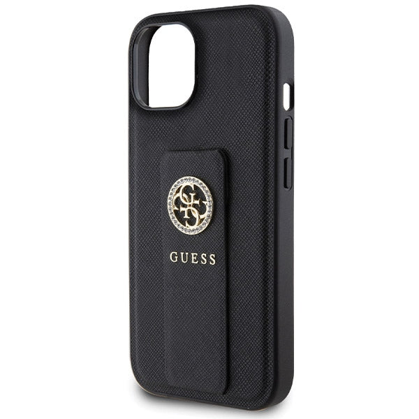 Guess iPhone 15 Grip Stand 4G Saffiano Strass Logo Θήκη με Επένδυση Συνθετικού Δέρματος και Stand - Black - GUHCP15SPGSSADK
