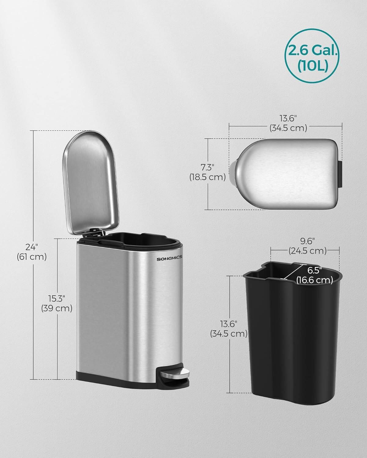 Songmics Κάδος Απορριμμάτων για το Μπάνιο - 10L - Silver - LTB10NL