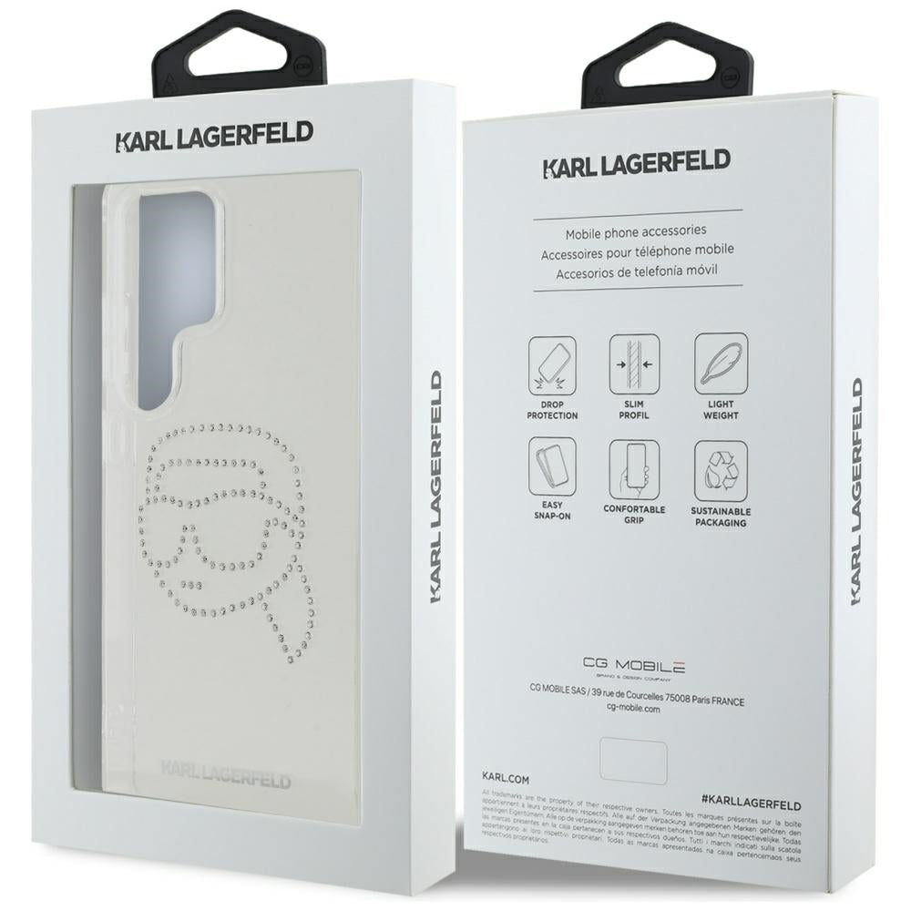 Karl Lagerfeld Samsung Galaxy S25 Ultra - Rhinestones Karl Head Logo - Σκληρή Θήκη με Πλαίσιο Σιλικόνης - Clear - KLHCS25LHKHDCELT