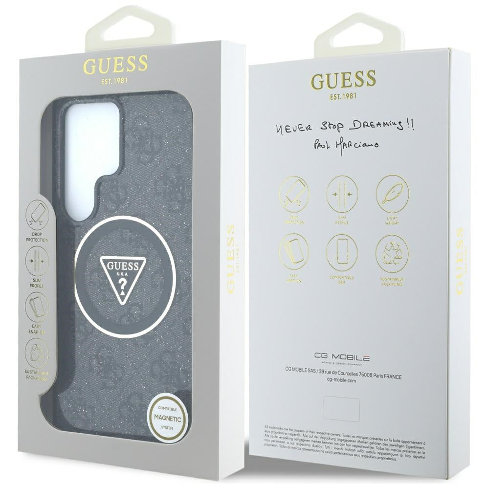 Guess Samsung Galaxy S25 Ultra - 4G Glitter Triangle Buttons - MagSafe Σκληρή Θήκη με Πλαίσιο Σιλικόνης - Black - GUHMS25LHG4PRTGK