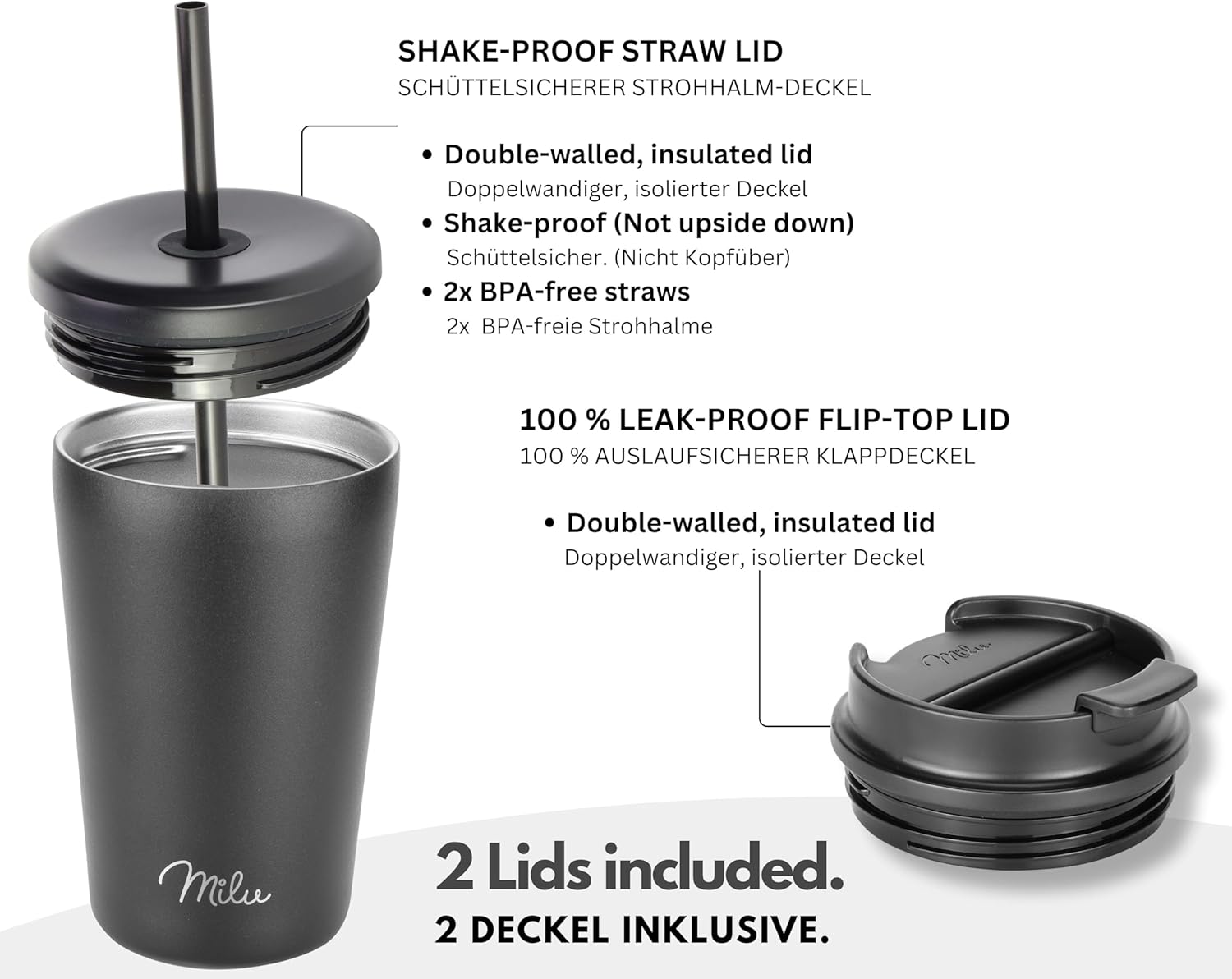 Milu T10 Κούπα Θερμός Από Ανοξείδωτο Ατσάλι με 2 Καπάκια και 2 Καλαμάκια - 100% Στεγανή - 300 ml - Black - 1150