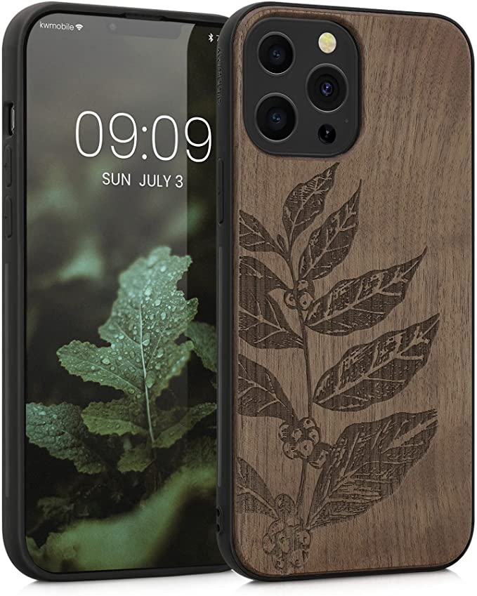 KW iPhone 13 Pro Max Θήκη από Φυσικό Ξύλο Design Leaves and Berries - Dark Brown - 55980.09