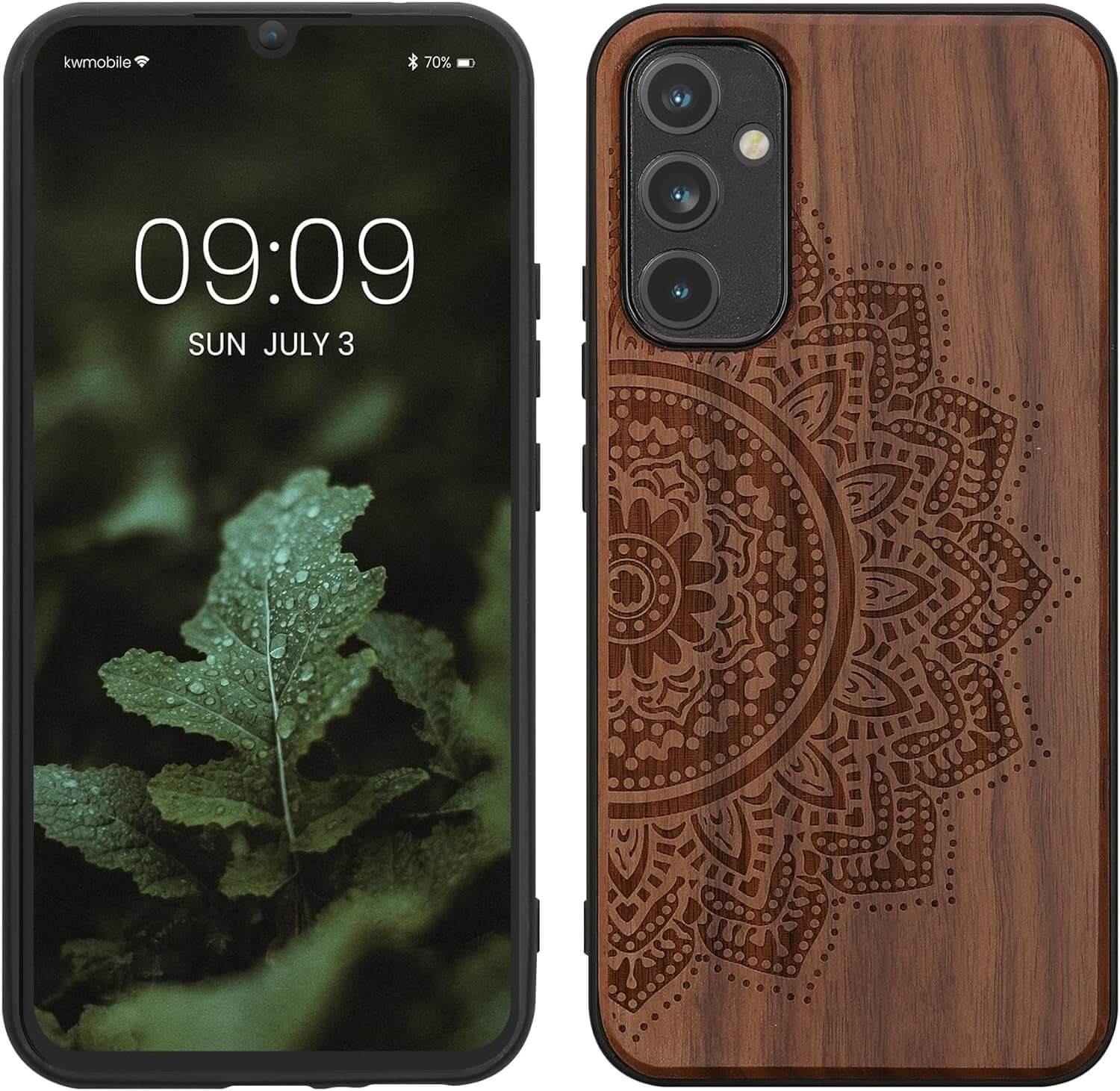 KW Samsung Galaxy A34 5G Θήκη από Φυσικό Ξύλο - Design Half Flower - Dark Brown - 60813.06