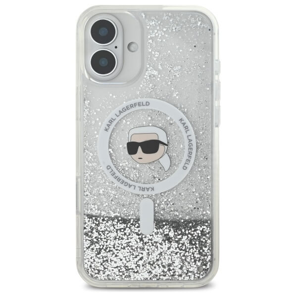 Karl Lagerfeld iPhone 16 Plus - Liquid Glitter Karl Head MagSafe - Σκληρή Θήκη με Πλαίσιο Σιλικόνης - Διάφανη - KLHMP16MLGKISGH