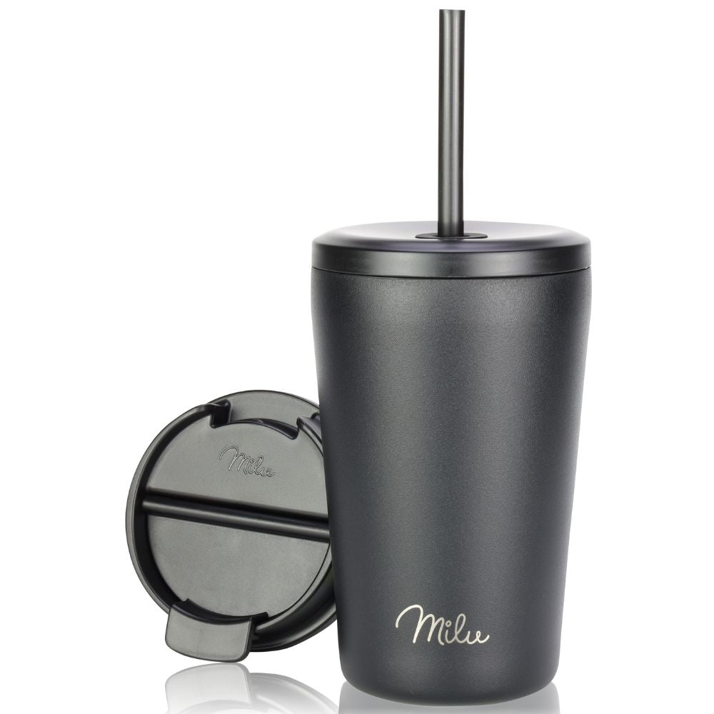 Milu T10 Κούπα Θερμός Από Ανοξείδωτο Ατσάλι με 2 Καπάκια και 2 Καλαμάκια - 100% Στεγανή - 400 ml - Black - 1266