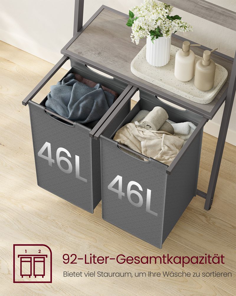 Vasagle Καλάθι Απλύτων 2 Διαμερισμάτων με Ράφι και Βάση για Πετσέτες - 73 x 33 x 177 cm - 92L - Greige / Grey - BLH221G01