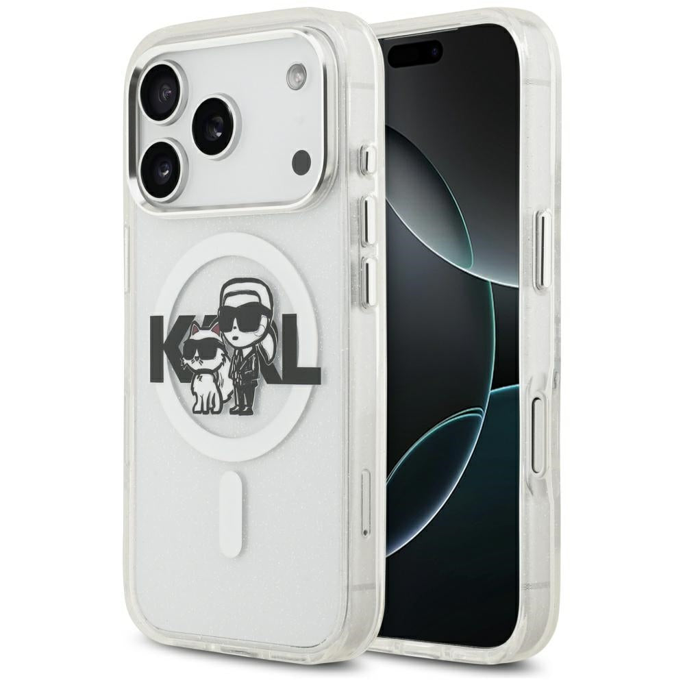 Karl Lagerfeld iPhone 17 Pro - IML Glitter Karl and Choupette Sketch Logo MagSafe - Σκληρή Θήκη με Πλαίσιο Σιλικόνης - Clear - KLHMP17LHGKCGKBT