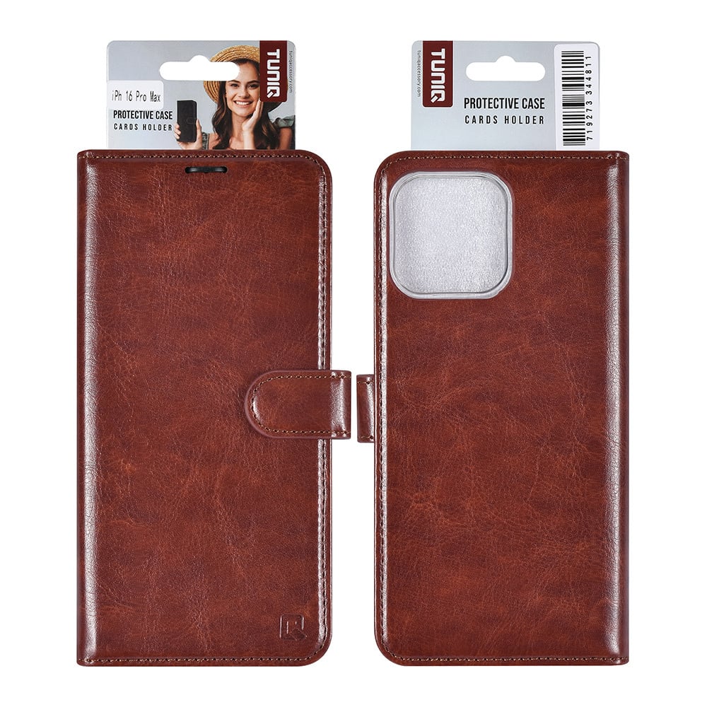 Tuniq iPhone 16 Pro Max - Θήκη Πορτοφόλι Stand από Δερματίνη - Καφέ