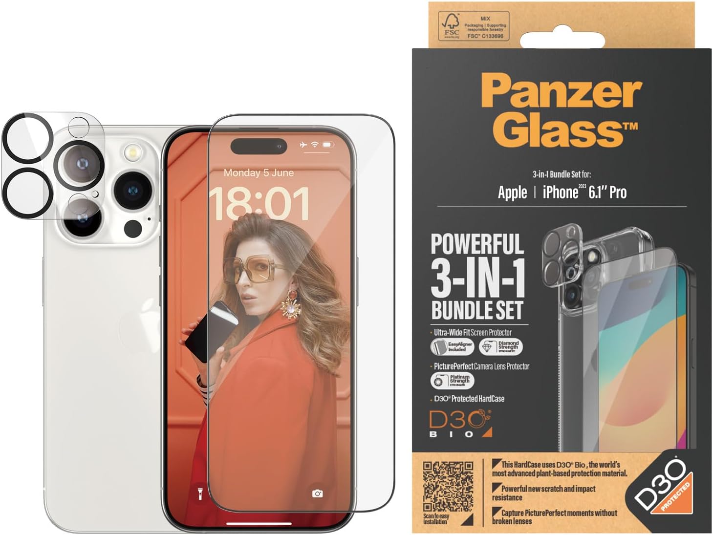 PanzerGlass iPhone 15 Pro - Σετ με 1 Αντιχαρακτικό Γυαλί Οθόνης Ultra-Wide Fit, 1 Αντιχαρακτικό Γυαλί για την Κάμερα και 1 Σκληρή Θήκη - Διάφανο