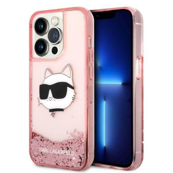 Karl Lagerfeld iPhone 14 Pro Max - Liquid Glitter Choupette's Head Σκληρή Θήκη με Πλαίσιο Σιλικόνης - Pink - KLHCP14XLNCHCP
