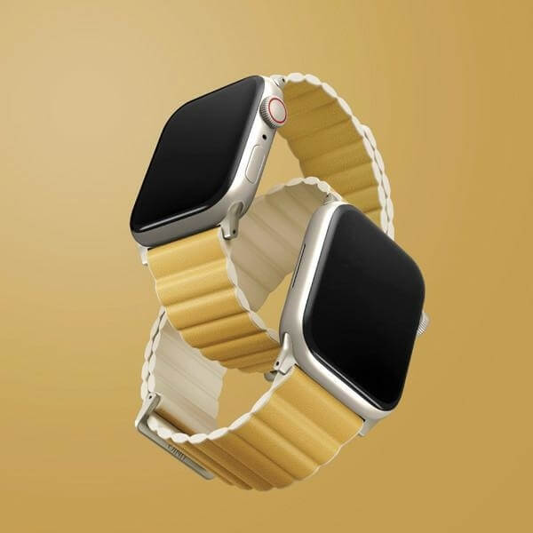 Uniq Λουράκι Apple Watch 2 / 3 / 4 / 5 / 6 / 7 / 8 / 9 / SE / ULTRA / Ultra 2 - 42 / 44 / 45 / 49 mm Revix Premium Μαγνητικό Σιλικόνης Διπλής Όψης - Yellow / Beige